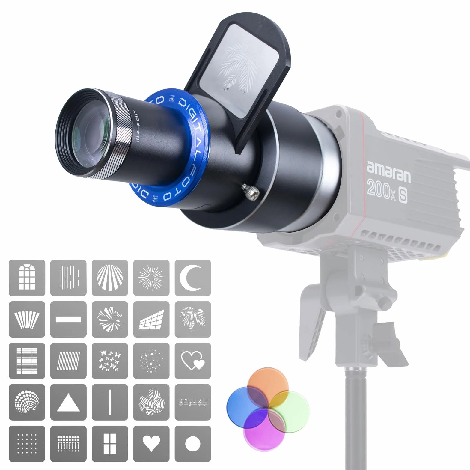 DF DIGITALFOTO Snoot Optique Bowens Monture, 25 gobos, Accessoire de Projection pour Projecteur de Photographie, Compatible avec Aputure Amaran 100X/D 200D/X, Godox SL60 pour Portrait, Focalisable