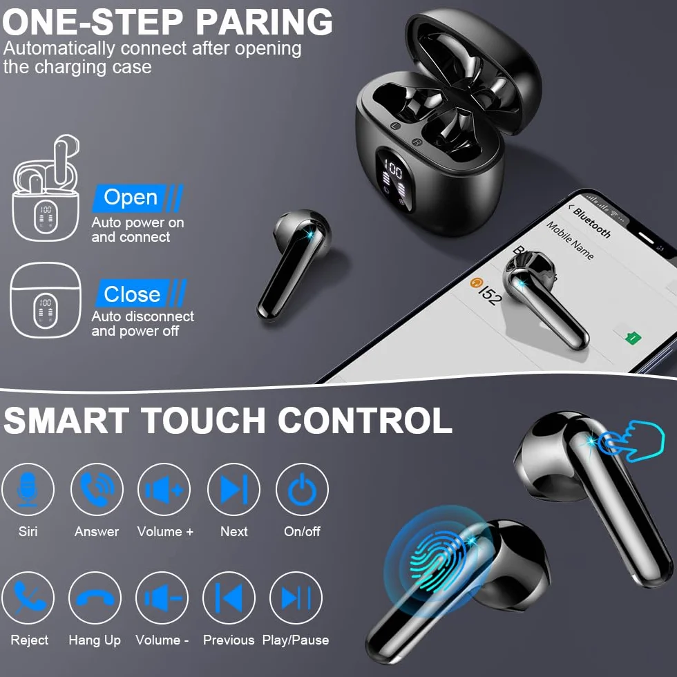 Écouteurs Bluetooth sans Fil 5.3, HiFi Stéréo Basses, 50H Autonomie, 4 ENC Réduction de Bruit, IP7 Étanche, Écran LED