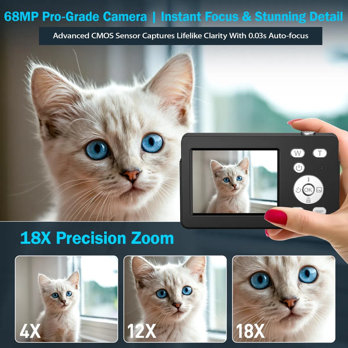 Appareil Photo Numérique, 4K 64MP Autofocus Appareil Photo Compact, Écran IPS 2,8", Digital Caméra avec Carte 32GB, 18X Zoom et Anti-Vibration, Camera pour Vlog Adolescents Adulte Débutant