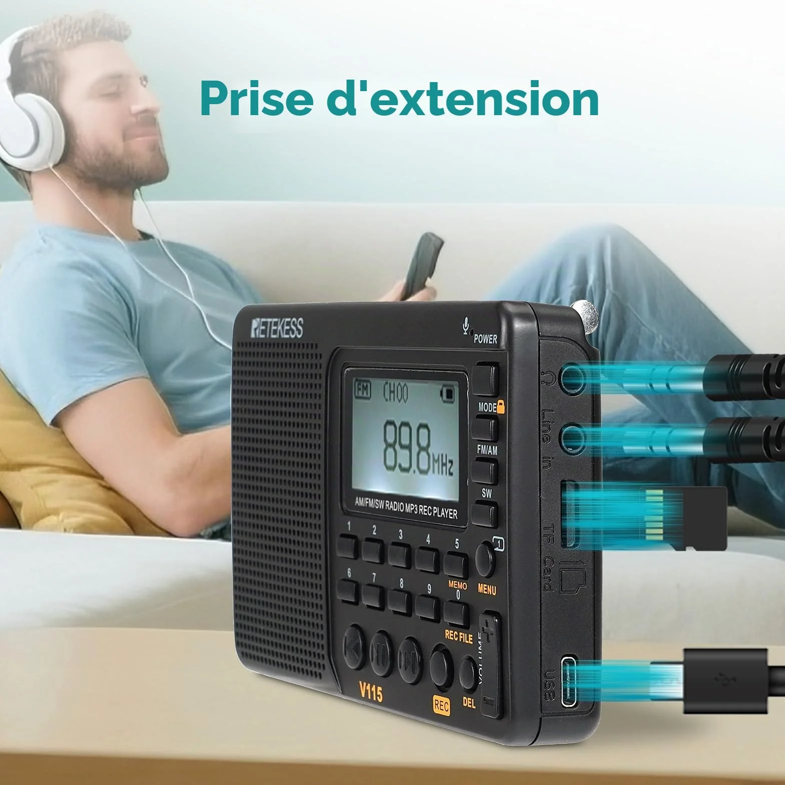 Retekess V115 Radio Portable FM AM SW Rechargeable Piles Secteur Carte TF Enregistreur MP3 Noir
