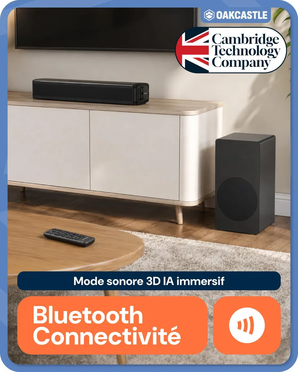 Oakcastle Barre de Son TV 2.1, Soundbar, Caisson de Basses 90W SB40 Xtra | HDMI Arc AUX Optique USB | Télécommande Kit Mural PC Téléviseur