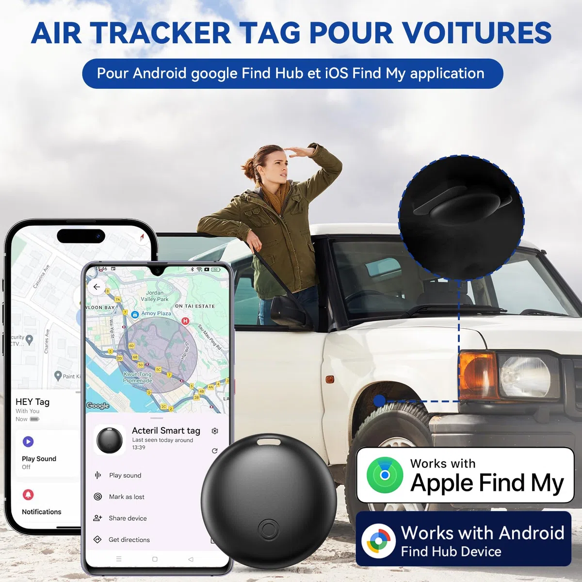 Traceur GPS Voiture, Car GPS Tracker pour Android y iOS, Magnétique Tracker de Voiture sans Abonnement, Invisible Bluetooth Smart Tag pour Moto/Wagons/Vélo (Noir)