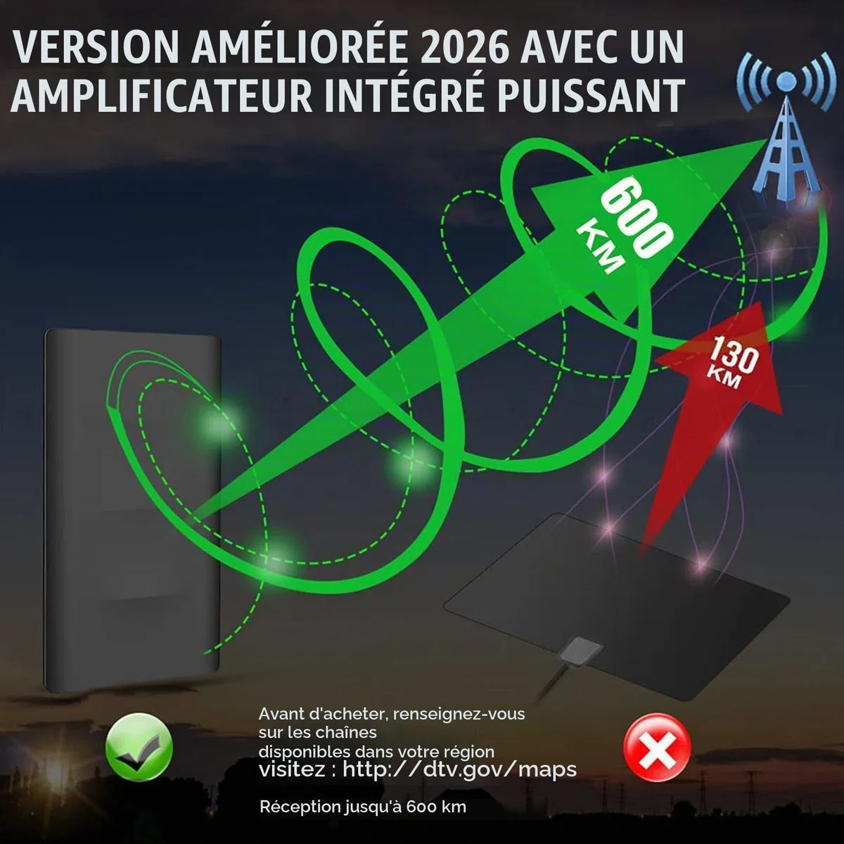 2026 Antenne TV Puissante pour Intérieur et Extérieur,Plage de Réception de 600 KM,Antennes HDTV Numérique,Compatible avec 4K 1080p Tous Les TV Intelligents,10M Câble Coaxial,TNT Amplificateur Signal