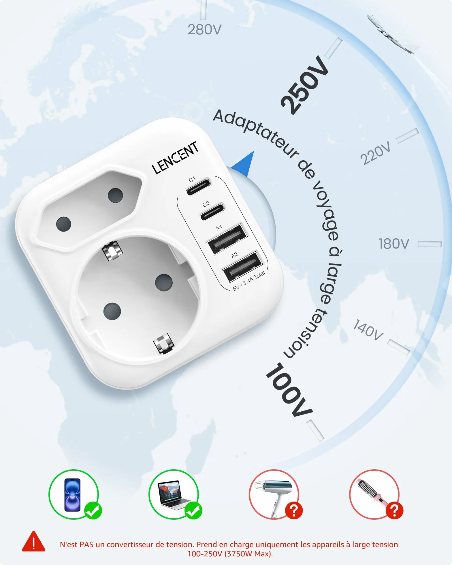 LENCENT Adaptateur de Voyage Prise Type A USB-C Pliable USA Canada Mexique Thaïlande