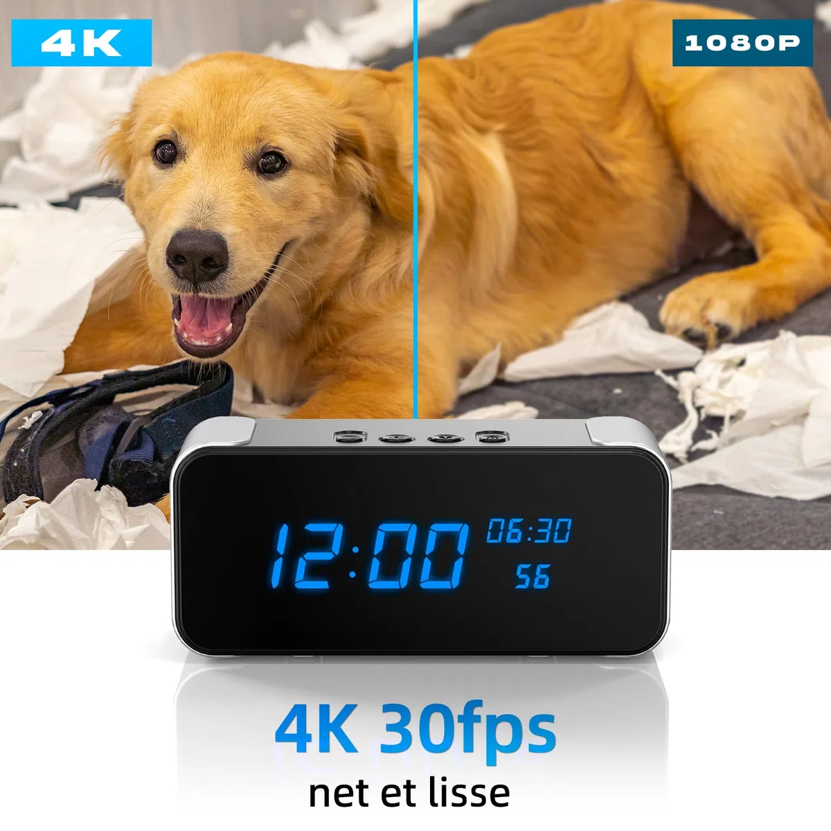 Camera Espion Réveil WiFi 4K Discret sans Fil | mini camera espion sans fil, lecteur Bluetooth, vision infrarouge, détection mouvement BT, mini camera, accès distant app