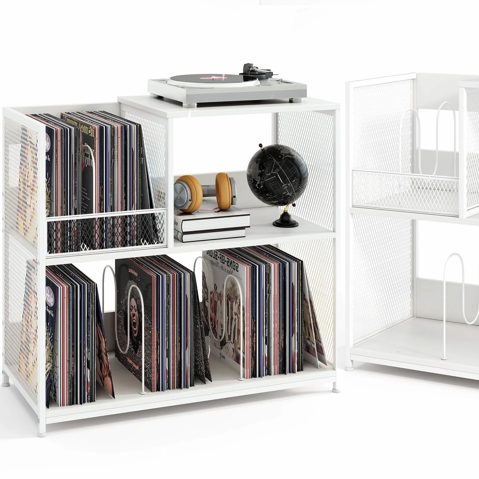 KOMFOTTEU Support de Disque Vinyle pour 300 Albums, Meuble Platine 3 Niveaux avec 3 Séparateurs Amovibles, Meuble Tourne-Disque, Pieds réglables, Style Vintage, 83 x 36 x 76,5 cm (Blanc)