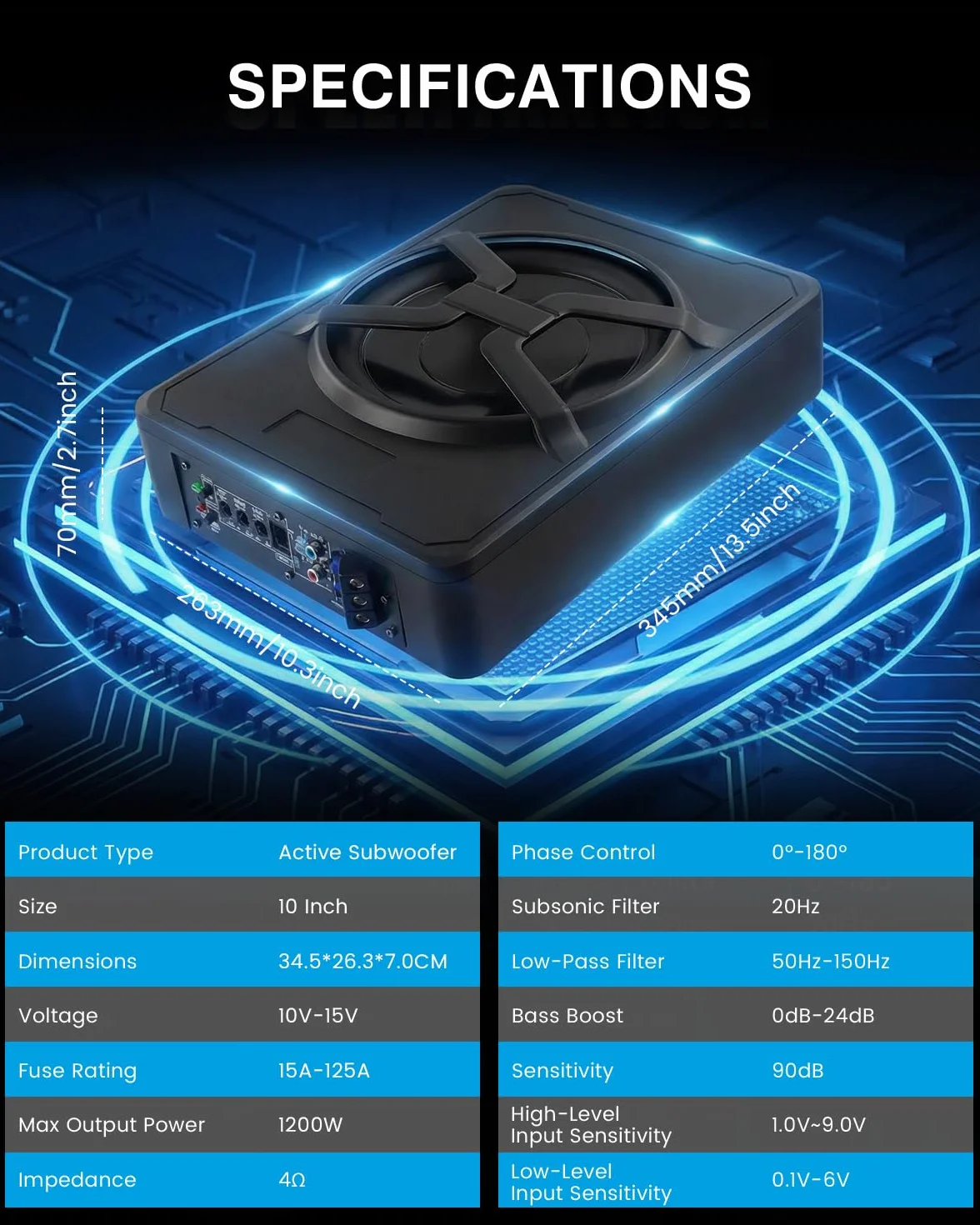 Subwoofer Actif pour Voiture, s'adapte sous Les sièges, Puissance maximale 1200 W, 10 Pouces, avec éclairage d'ambiance, Module amplificateur intégré, subwoofer Compact et Puissant