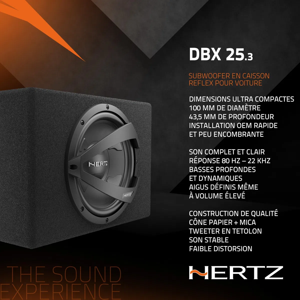 Hertz DBX 25.3 subwoofer en Caisson Bass-Reflex 250 mm, 600 W | 10 pouces, polypropylène avec mica, 150 W RMS, Xmax 9 mm, 32-400 Hz, aimant ferrite