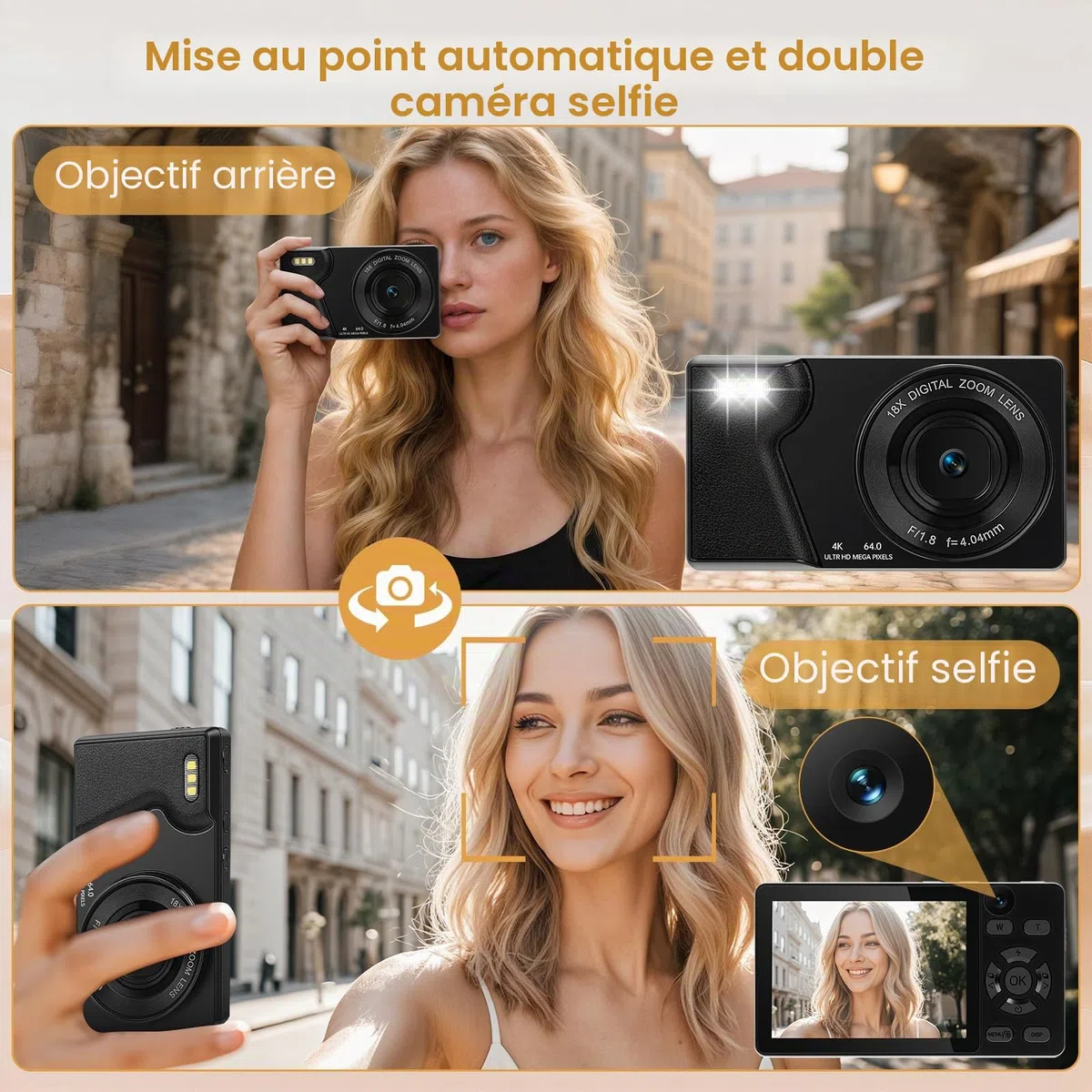 Appareil Photo Numérique 4K 64MP avec Double Caméra Avant et Arrière, Appareil Photo Compact Portable, Zoom Numérique 18X, Écran 2,8 Pouces, Carte 32G pour Enfants, Adolescents (Noir)
