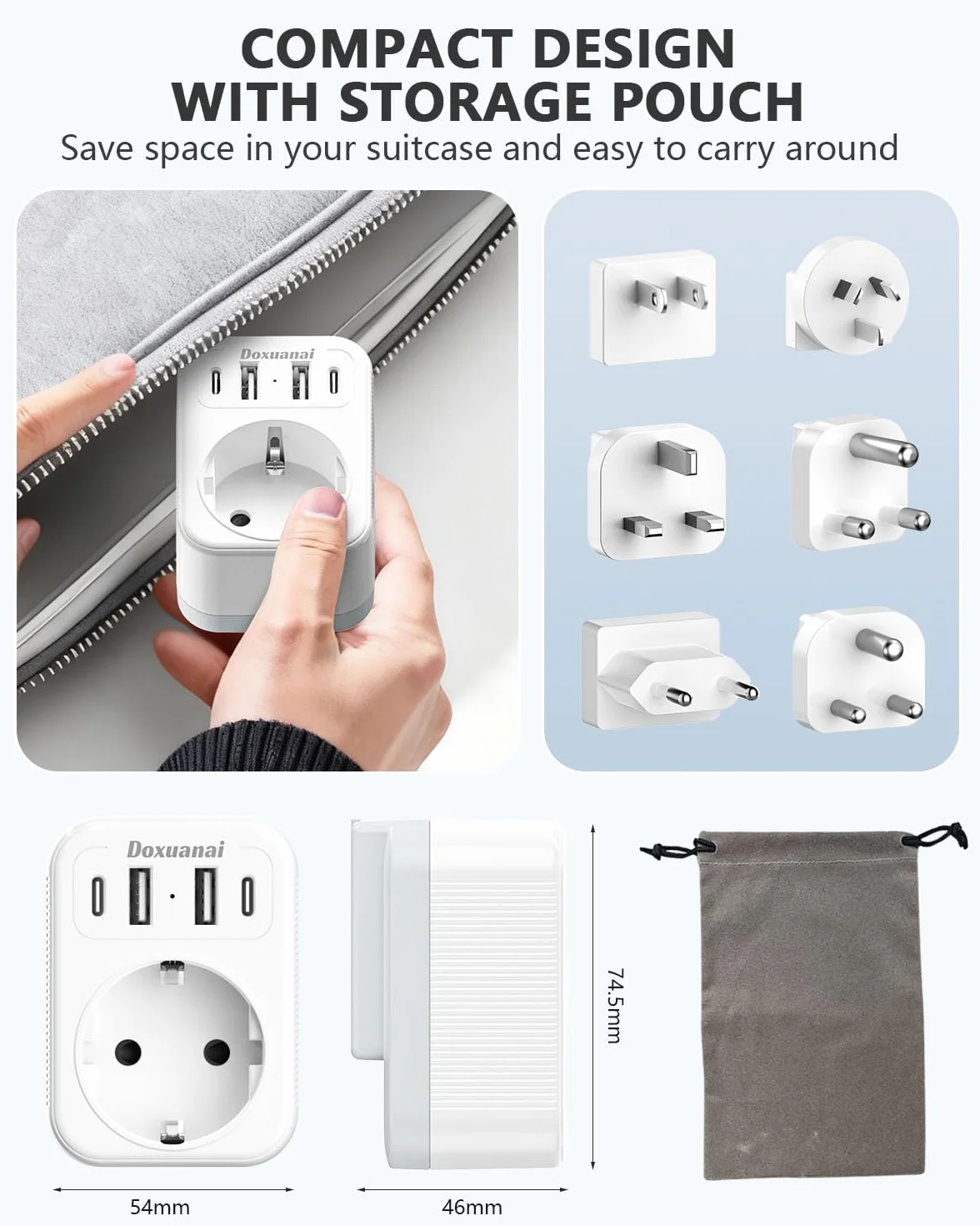 Set d'adaptateur de Voyage International, Adaptateur de Prise Universel avec 4 USB (2 USB-C), Type A/C/G/I/M/D pour US/EU/UK/Afrique du Sud/Japon/Chine/Australie/Inde