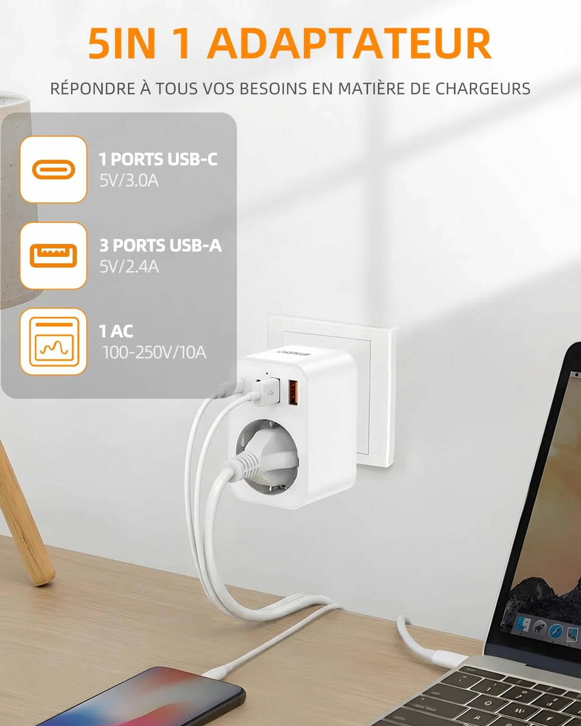 Kit d'adaptateur Prise Universelle Voyage USB-A Type-C Type G B I A M D pour Royaume-Uni États-Unis Australie Japon