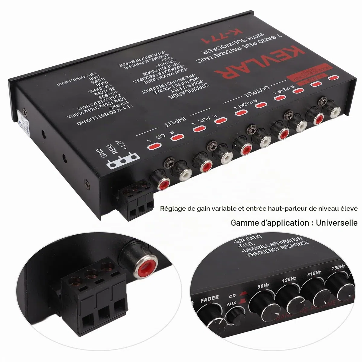 Haut-parleur Coaxial KIMISS, égaliseur Graphique Audio de Voiture Passe-bas Universel Réglage du Gain Variable à 7 Bandes Égaliseur D'entrée de Haut Niveau pour Système Stéréo