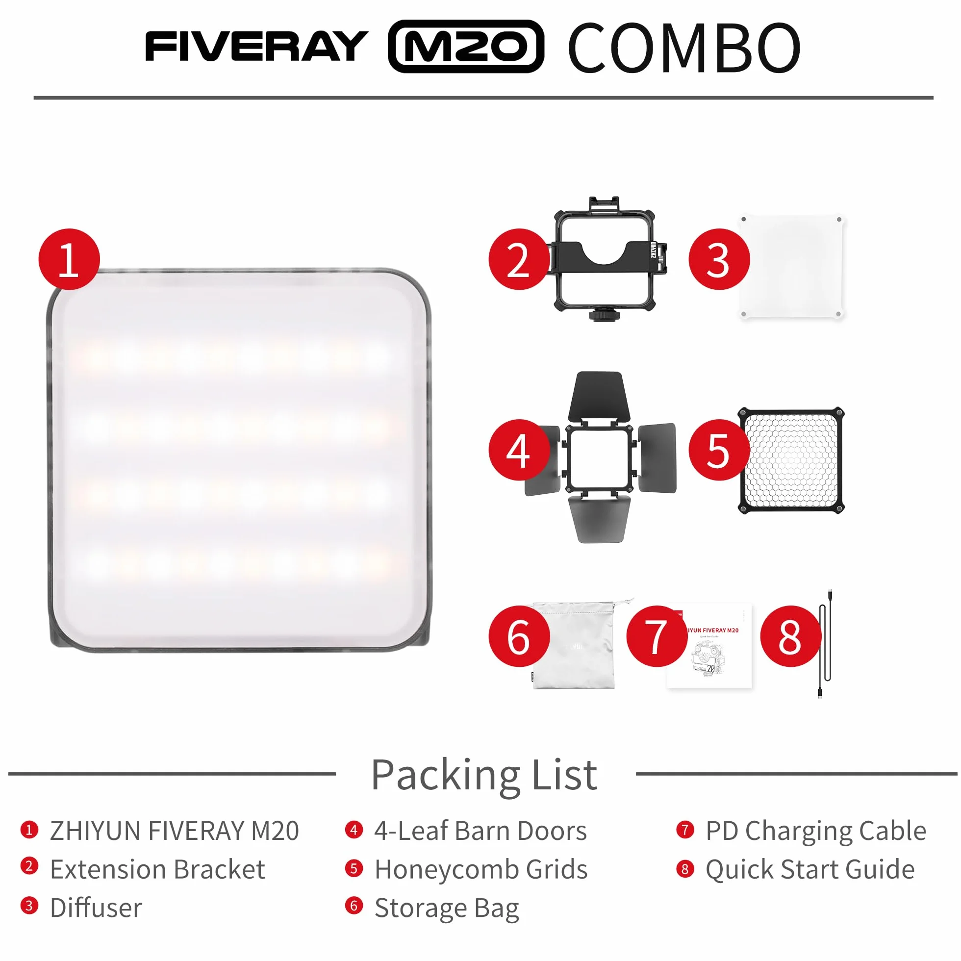 ZHIYUN Fiveray M20 Combo [Official] Lumiere Video 20W, Bi-Color LED Eclairage Video, Streaming Lampe Magnetique avec 2010 Lux/ 2700~6500K/ 4500mAh/ CRI 95+, avec Grille/Diffuseur/Porte de Grange/Sac
