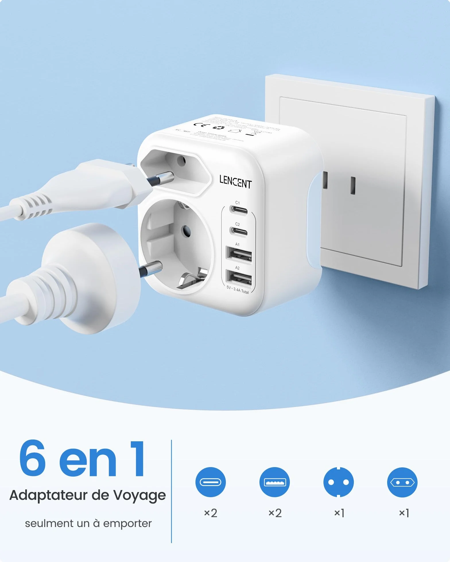LENCENT Adaptateur de Voyage Prise Type A USB-C Pliable USA Canada Mexique Thaïlande
