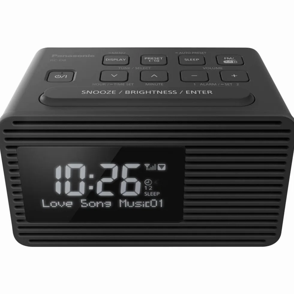 Panasonic Radio-réveil DAB/FM RC-D8EG-K I Fréquences : FM/DAB/DAB+ 1W USB Horloge Fonctionne sur secteur ou piles Fonction préréglage Fonction double alarme Ecran LCD noir - Version Française