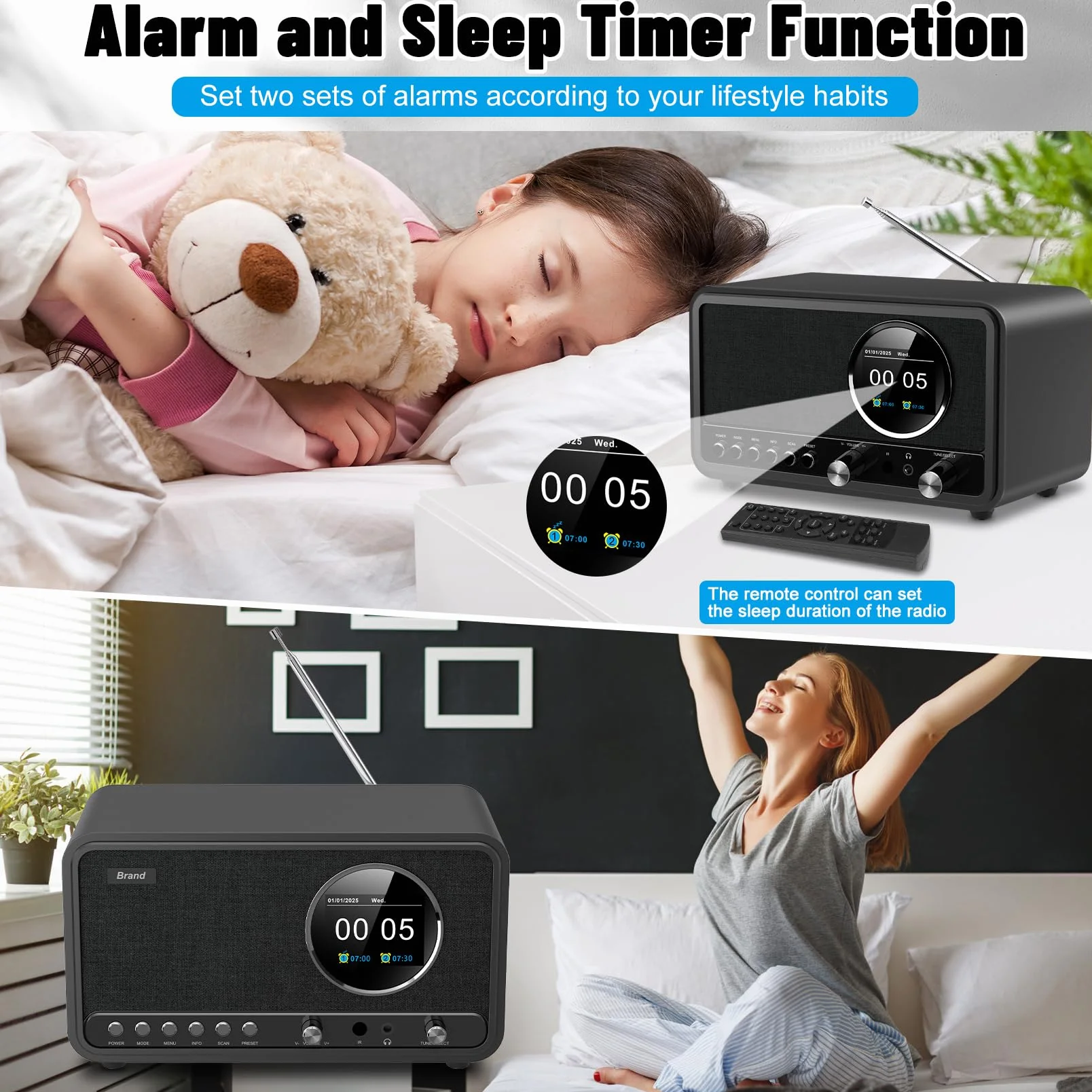 Wholede Radio DAB+/FM avec Bluetooth, radio numérique DAB Plus, radio de cuisine, radio-réveil, avec minuterie de mise en veille, alarme Snooze, USB/Aux-In, noir