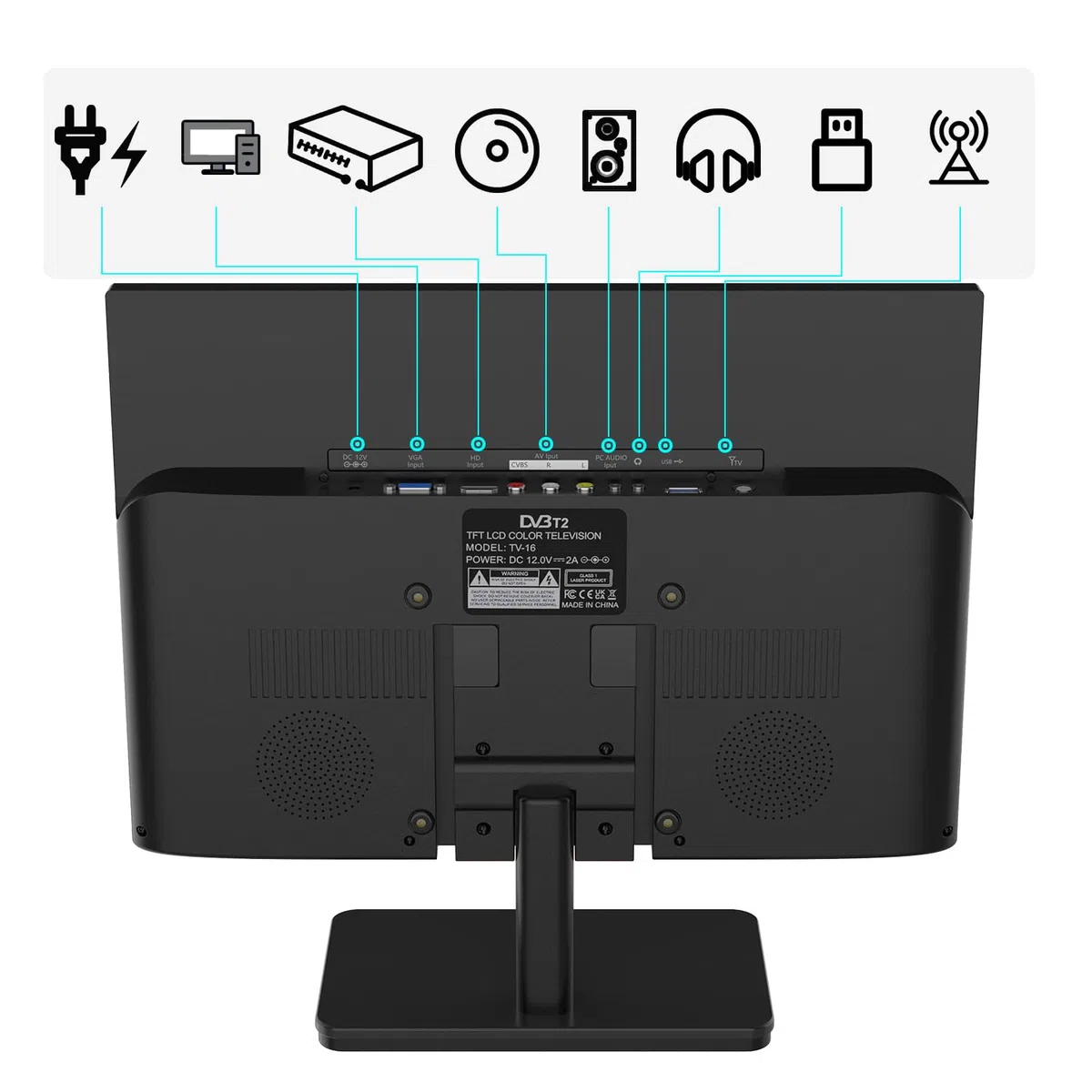 KCR 15,6 Pouces IPS 1080P Freeview Cable TV, HDTV DVB-T2 Tuner, entrée AV, HDMI/VGA PC Monitor, USB Slot, Remote Control, Car (12 Volt) Or Mains Power