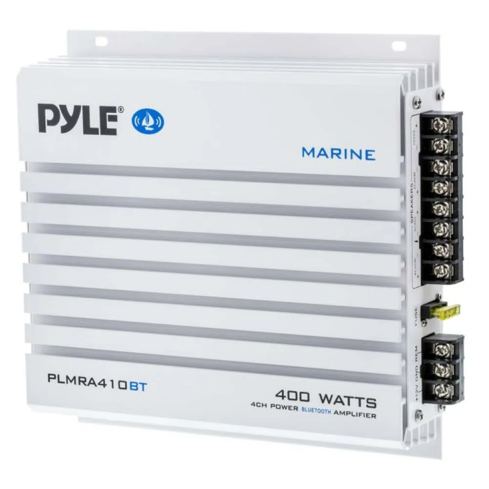 KIT SET POUR PYLE PLMRA410BT 1 Amplificateur marin 4 canaux, classe AB, 4 x 100 watts max, étanche, connectivité Bluetooth 2.1, pour piscines, bateaux, bateaux, 1 pièce + câbles gratuits