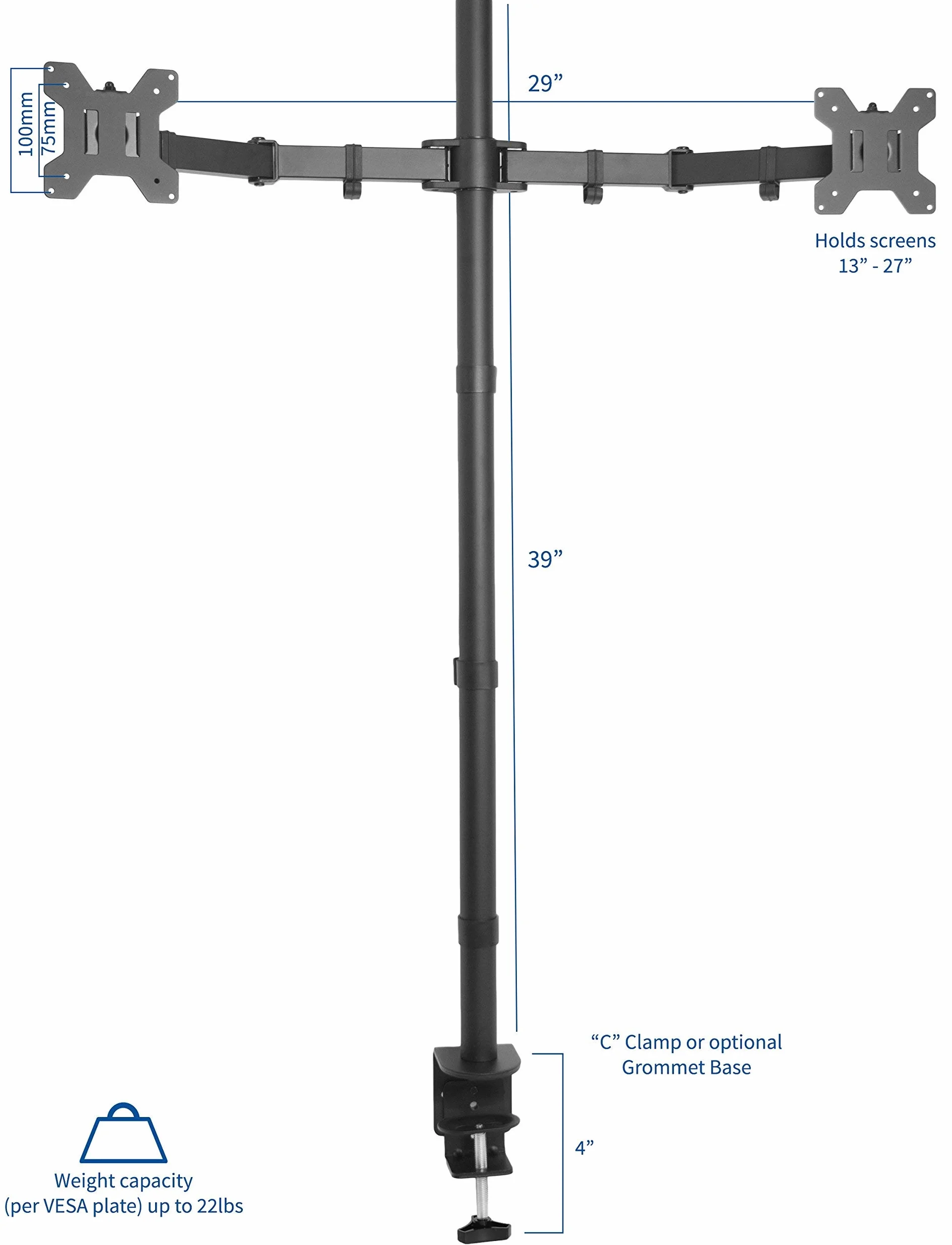 Vivo STAND-V012 Support de Bureau pour Double écran Extra Haut de 99,1 cm, entièrement réglable pour écrans jusqu'à 27", Noir