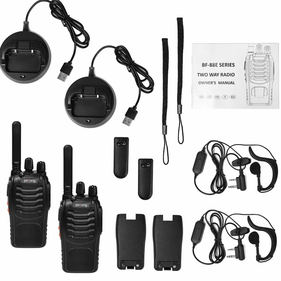 Talkie Walkie PT88E PMR446 sans Licence 16 Canaux Rechargeable avec Chargeur USB Lampe LED Professionnel 2pcs Noir
