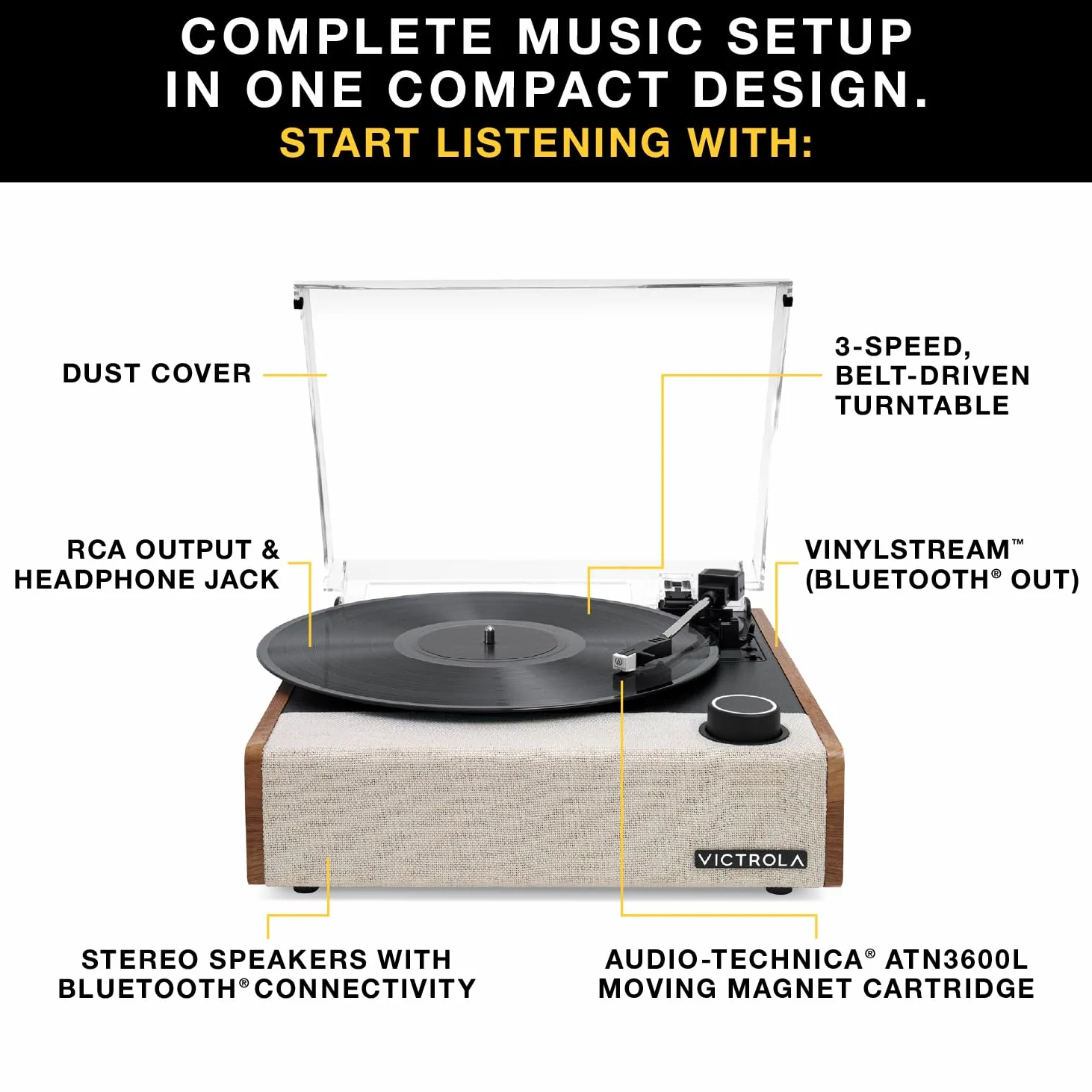 Victrola Eastwood II Tourne-Disque Finition chêne avec Haut-parleurs, Bluetooth 5.1 et Technologie Vinyl Stream, Lecteur Vinyle à 3 Vitesses, Cartouche Audio Technica AT-3600LA