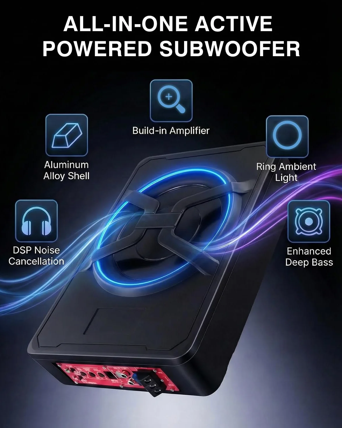 Subwoofer Actif pour Voiture, s'adapte sous Les sièges, Puissance maximale 1200 W, 10 Pouces, avec éclairage d'ambiance, Module amplificateur intégré, subwoofer Compact et Puissant