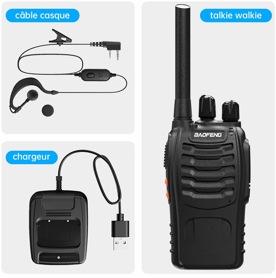 Talkie walkie Longue portée 888S Walkie Talkies Vox Rechargeable PMR 446 MHz 16 Canaux Noir 2 Pièces