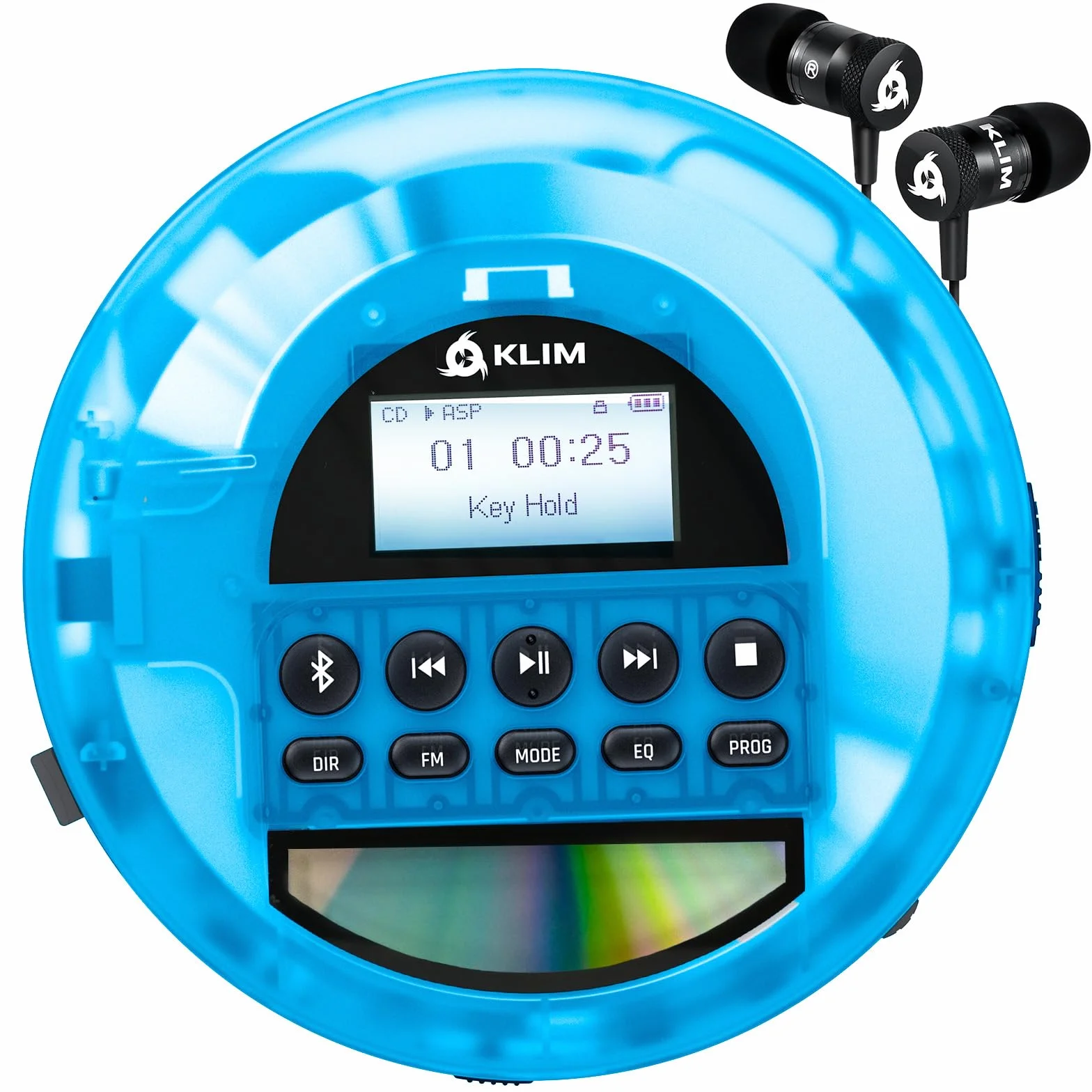 Nomad Lecteur CD Portable Bluetooth - Batterie Longue Durée - Radio FM TF | Écouteurs Inclus, Double Port Audio, Carte TF, Radio FM, Protection Anti-Saut, Câble AUX Voiture - Bleu Transparent