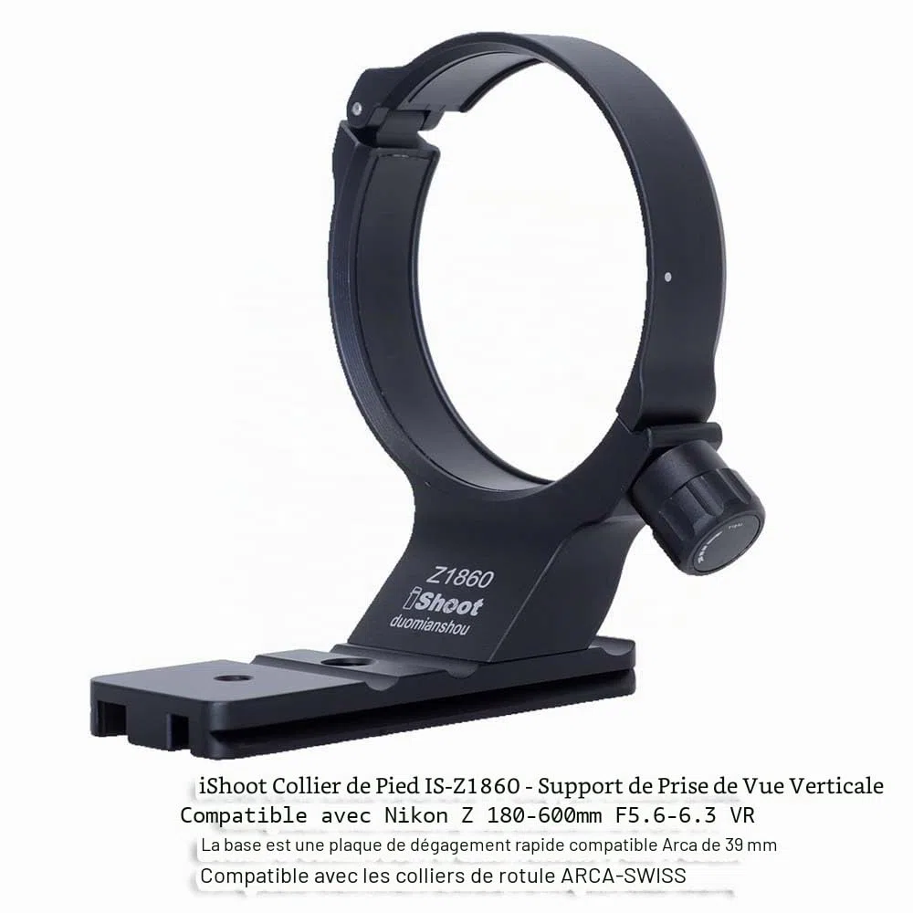 iShoot Bague de Fixation pour trépied Compatible avec Nikon Nikkor Z 180-600 mm F5.6-6.3 VR, Support d'objectif inférieur Arca-Swiss Fit Plaque à dégagement Rapide pour trépied Arca et stabilisateur