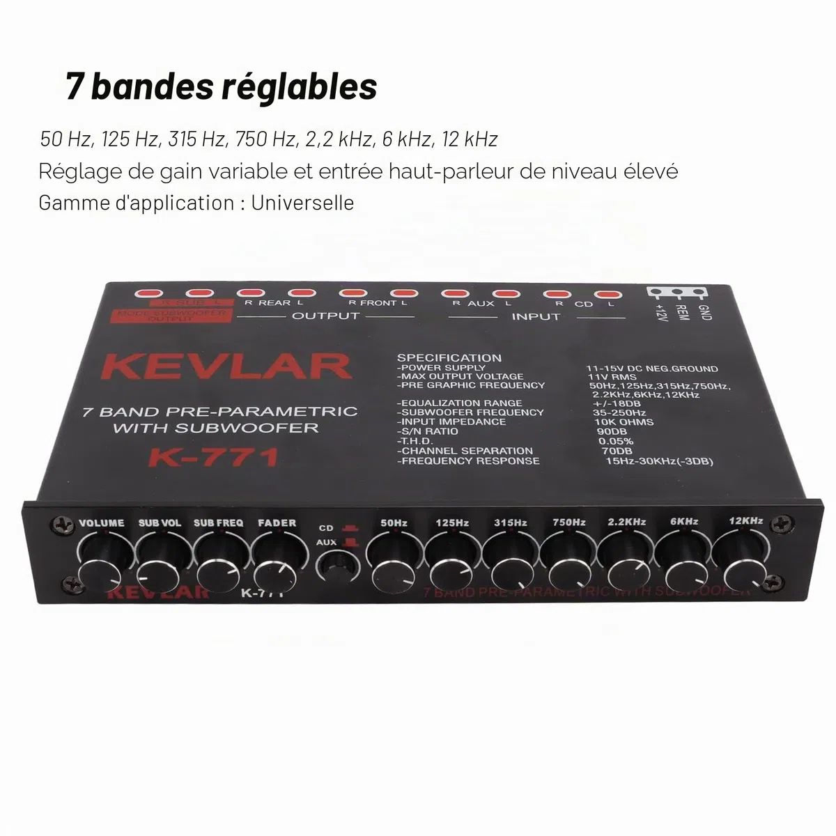 Haut-parleur Coaxial KIMISS, égaliseur Graphique Audio de Voiture Passe-bas Universel Réglage du Gain Variable à 7 Bandes Égaliseur D'entrée de Haut Niveau pour Système Stéréo