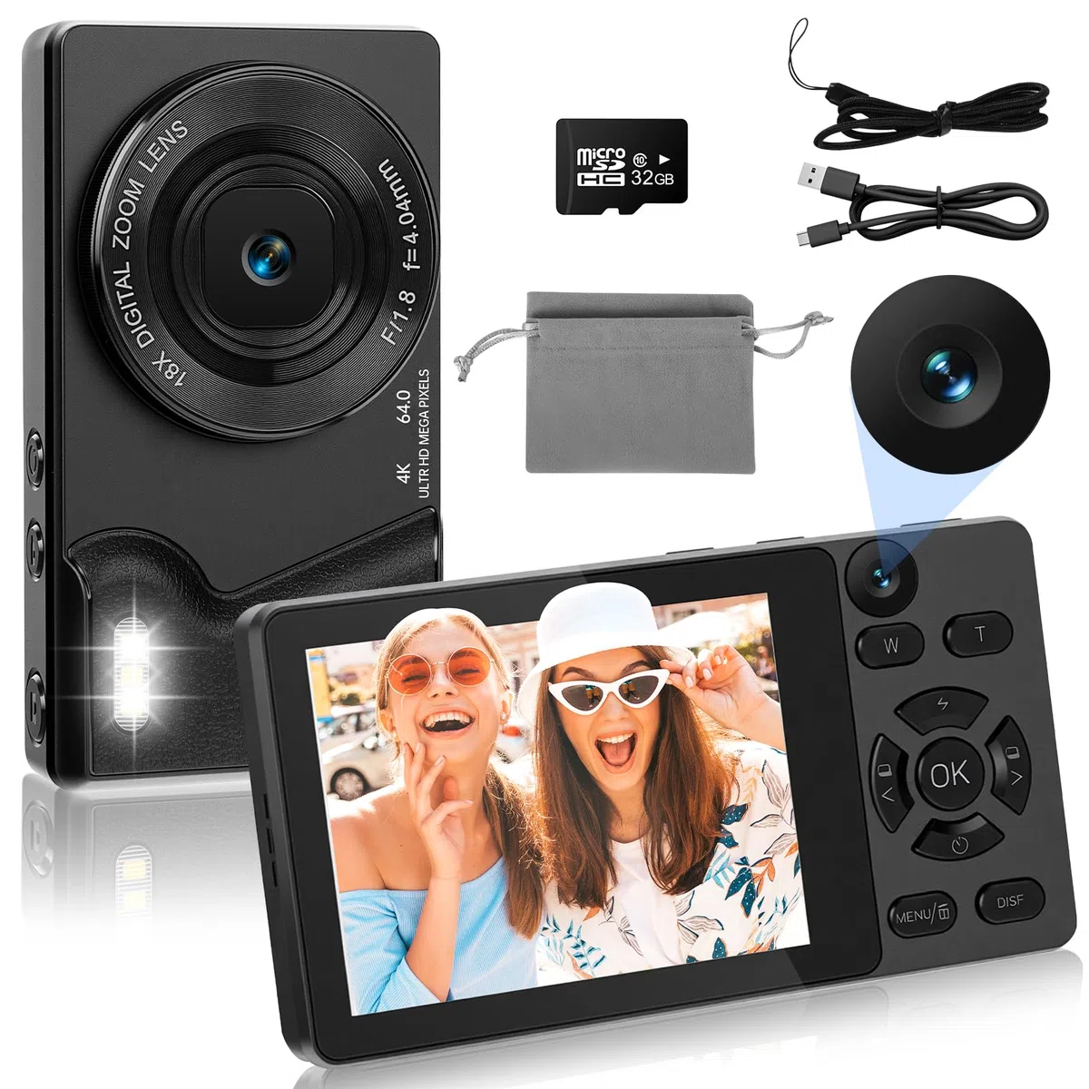 Appareil Photo Numérique 4K 64MP avec Double Caméra Avant et Arrière, Appareil Photo Compact Portable, Zoom Numérique 18X, Écran 2,8 Pouces, Carte 32G pour Enfants, Adolescents (Noir)