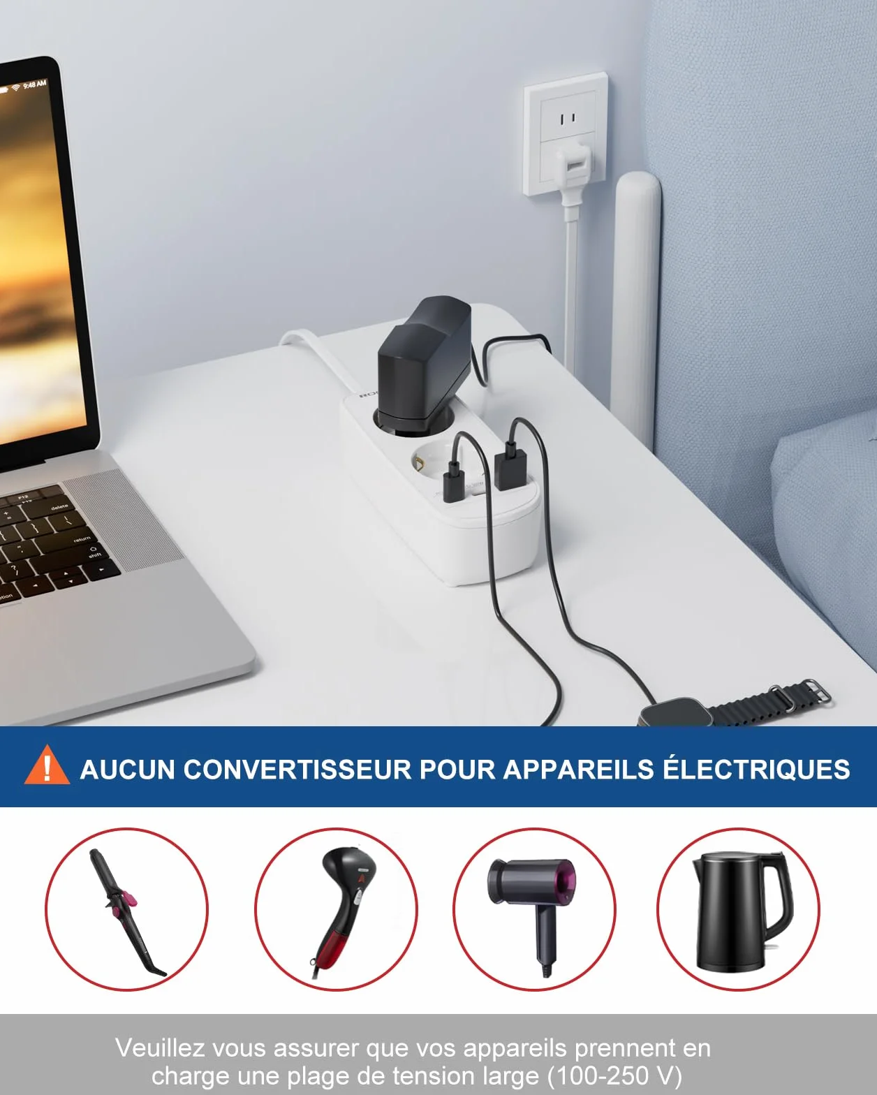 Adaptateur Prise Japon 5 en 1 avec 3 USB PD20W QC3.0 Double Prise Type A 1.5M Câble