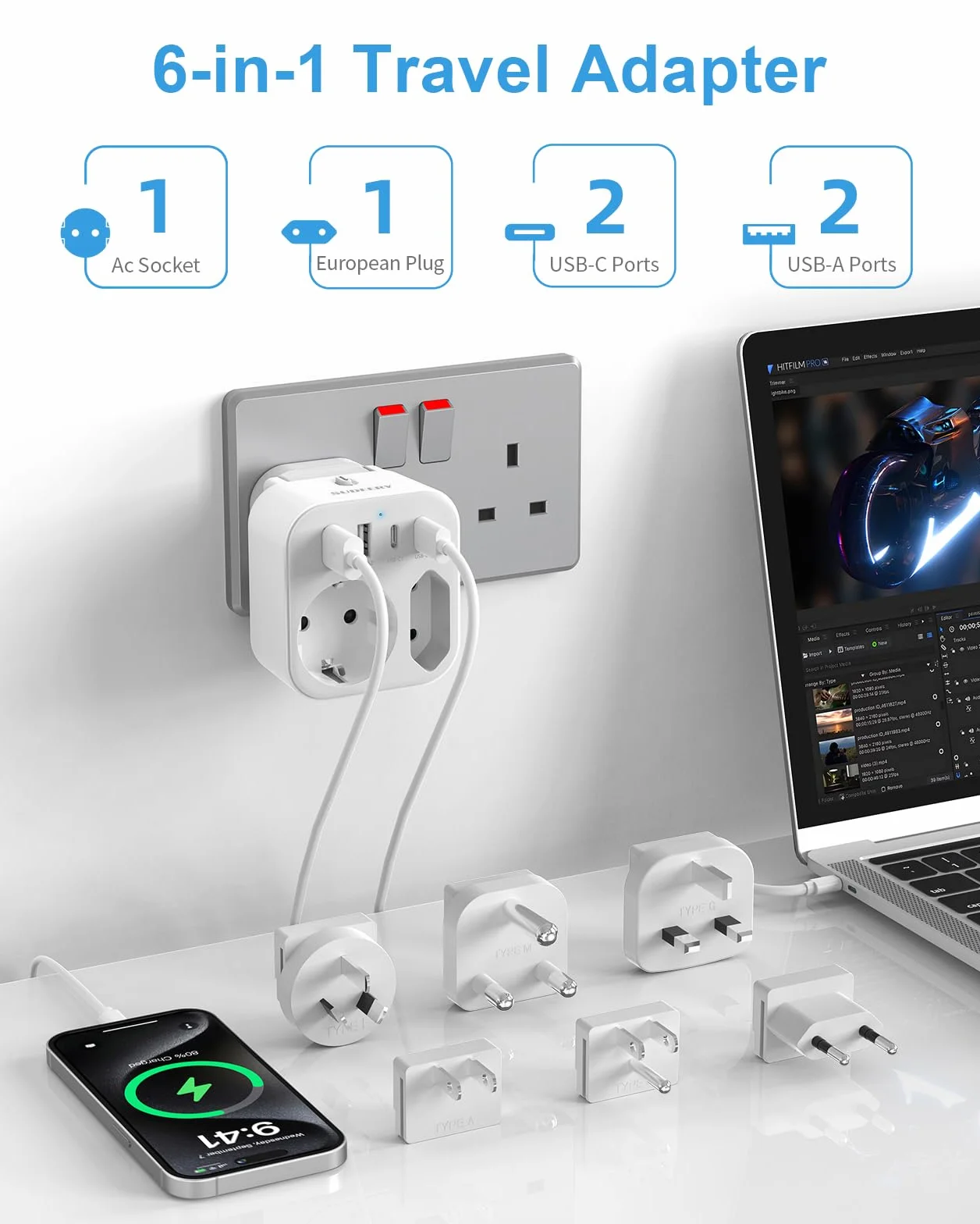 Adaptateur de Voyage Universel 6 Prises Internationales USB A USB C USA UK EU AUS Japon Afrique du Sud