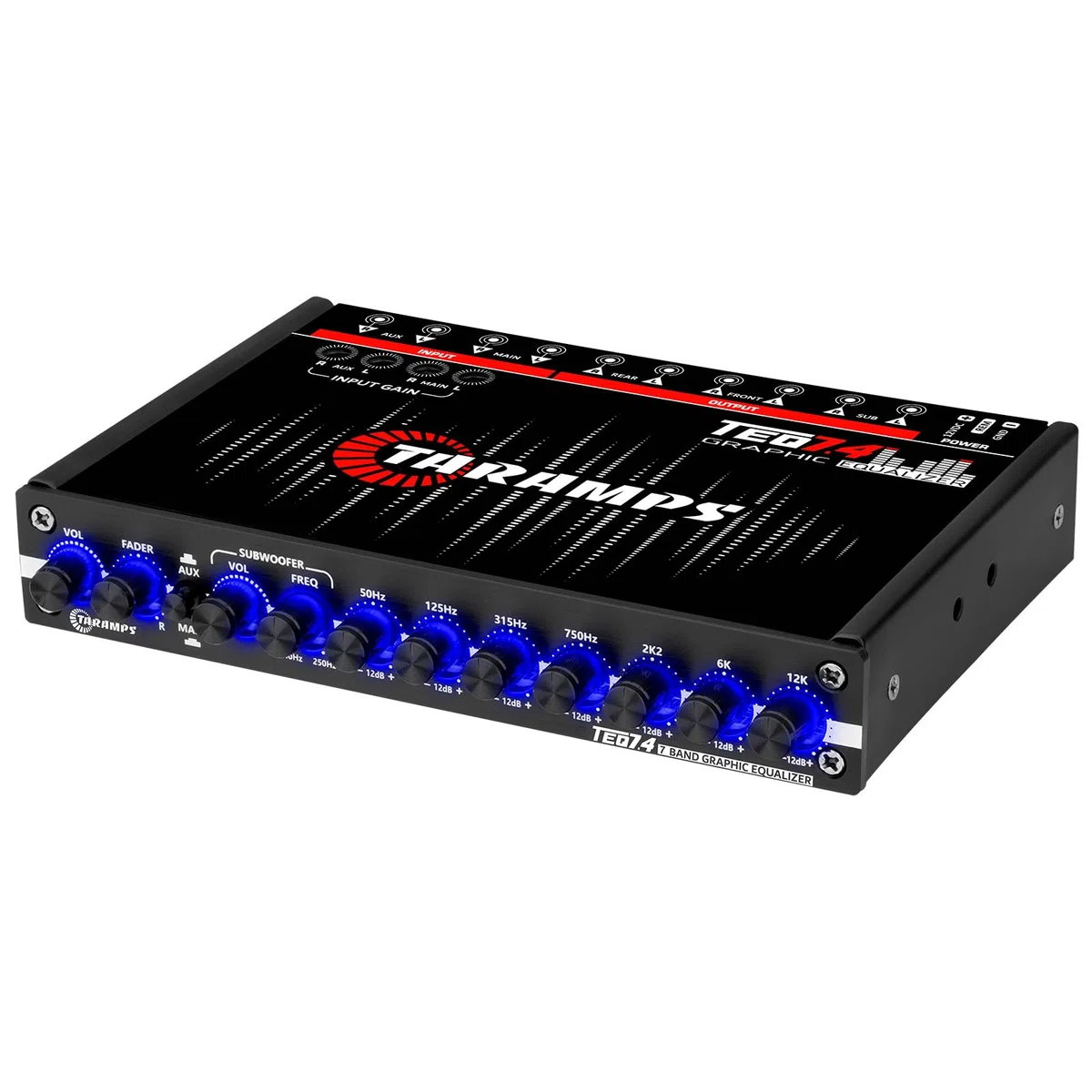 Taramps TEQ 7.4 Égaliseur Graphique stéréo 7 Bandes pour Voiture Entrée/Sortie RCA, Gain auxiliaire, contrôle du Fader, 2 canaux d'entrée, 3 canaux de Sortie, égaliseur de Son LED Bleue