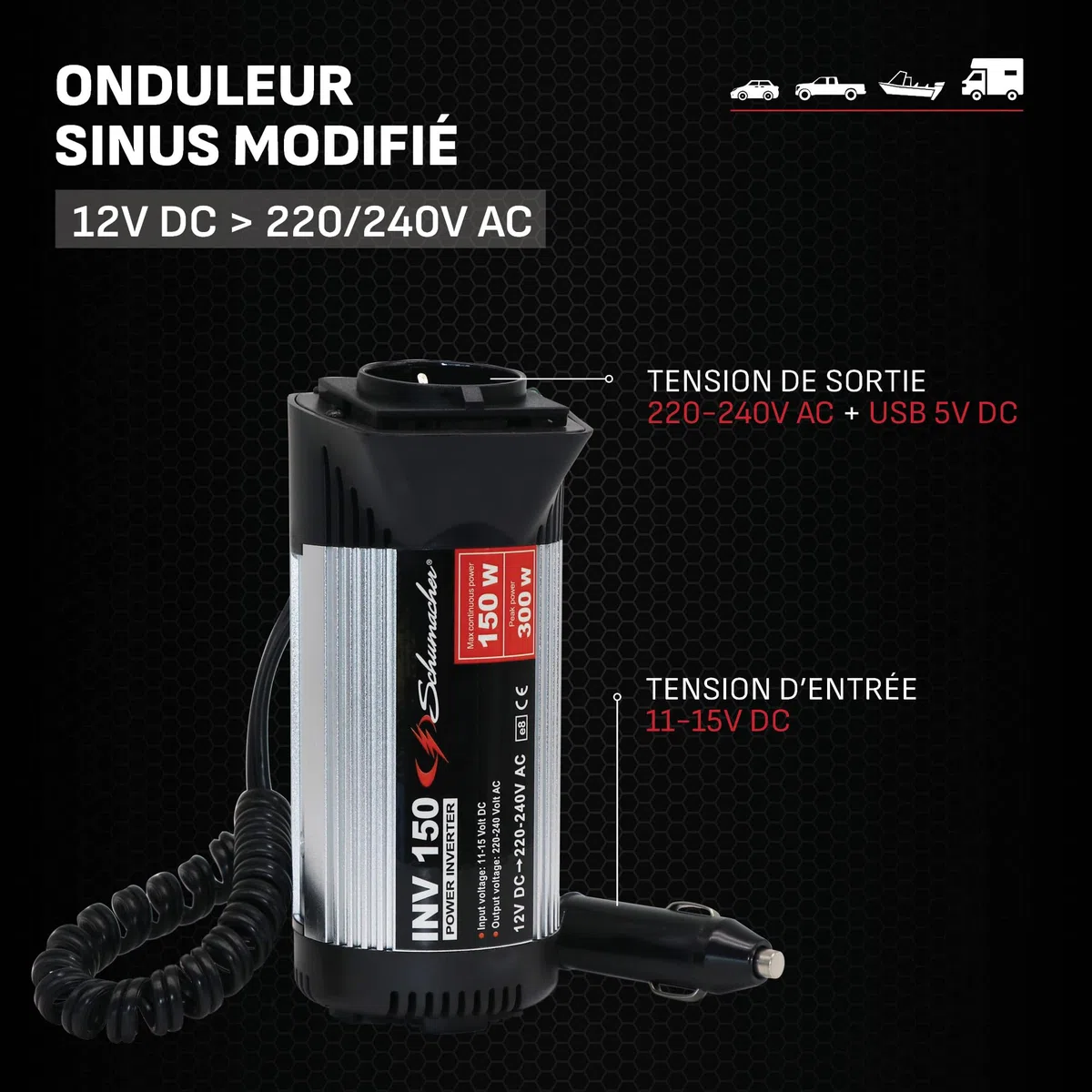 Schumacher Electric INV150 - Convertisseur 300W, 12V à 220V/240V - Onduleur pour Voiture - Prise Allume-Cigare avec Adaptateur de Chargeur Rapide et USB - Chargez Smartphone, Tablette, Ordinateur