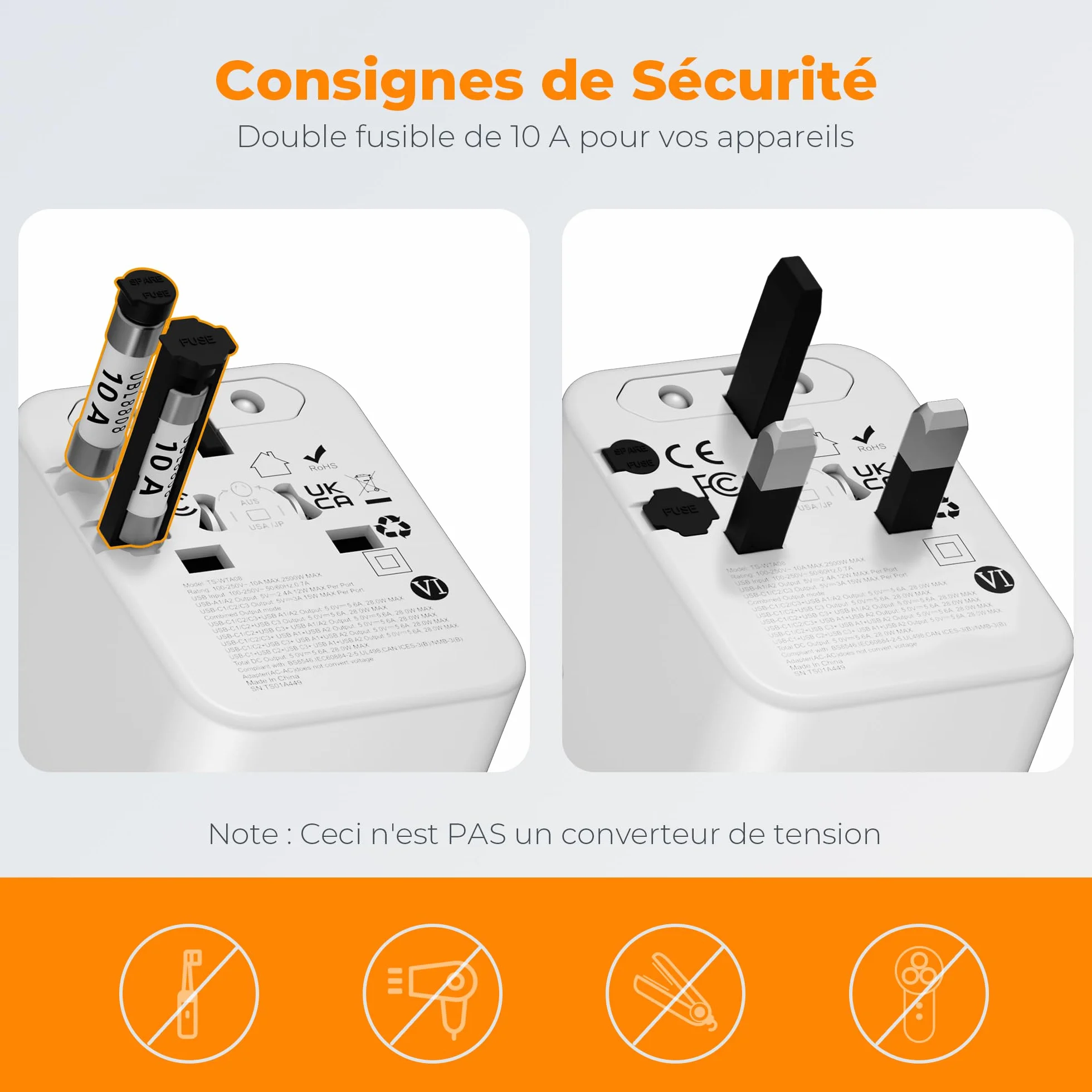 TESSAN Adaptateur Prise Universelle Voyage 5 USB 28W International France vers USA Angleterre Thaïlande Japon Australie Chine