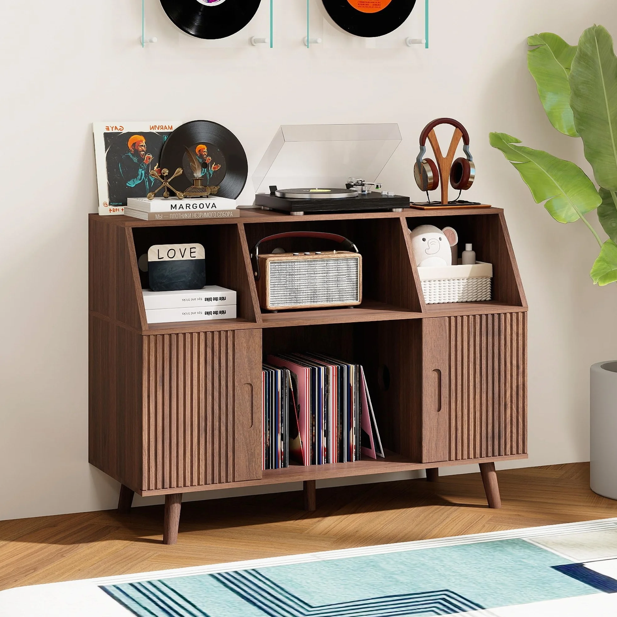 Meuble Platine Vinyle avec Rangement Bois, Meuble de Rangement Vinyle et Tourne Disque, Grande Table Tourne-Disque, Jusqu’à 350 Rétro pour Salon, Chambre ou Bureau