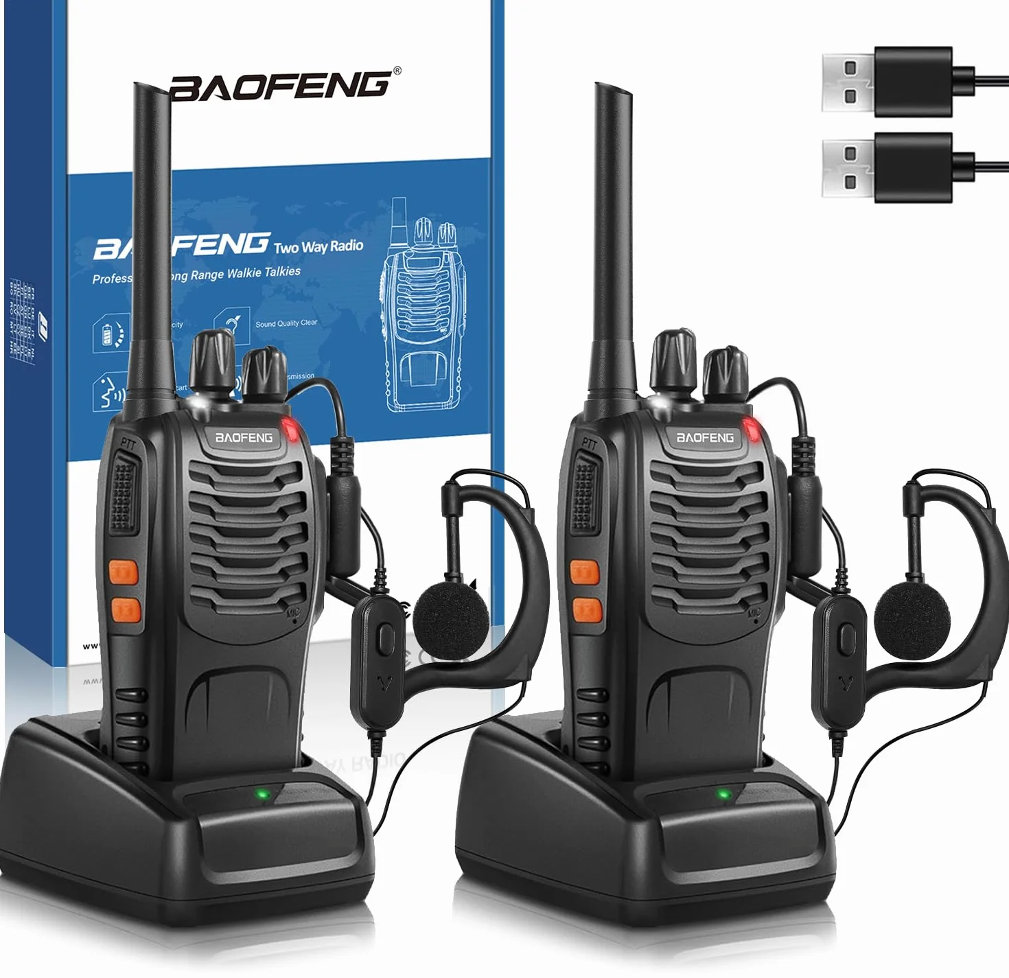 Talkie walkie Longue portée 888S Walkie Talkies Vox Rechargeable PMR 446 MHz 16 Canaux Noir 2 Pièces