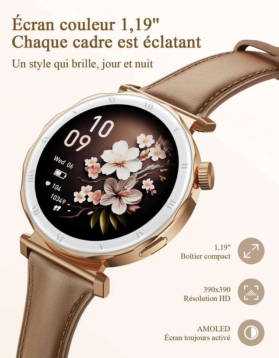 Montre Connectée Femme - Élégant Petit Poignet avec Écran AMOLED 1,19" Bracelet en Cuir Fin, Smartwatch avec Podometre, Cardiofrequencemetre/SpO2/Sommeil pour iOS/Android, Or Rose/Marron